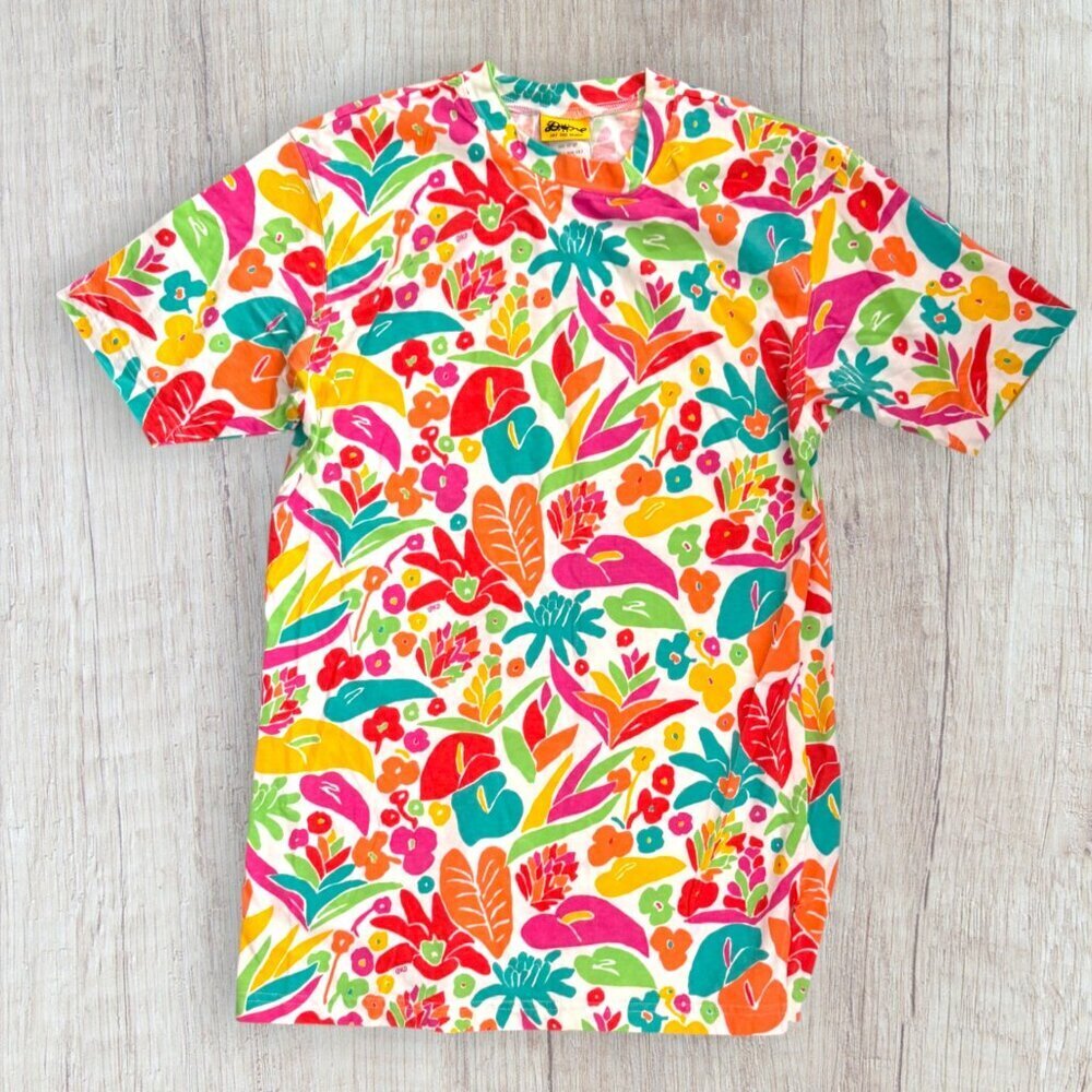 New KEN DONE Vintage 90s Tropical Beach Cover Up T-Shirt Dress Tunic Colorful M